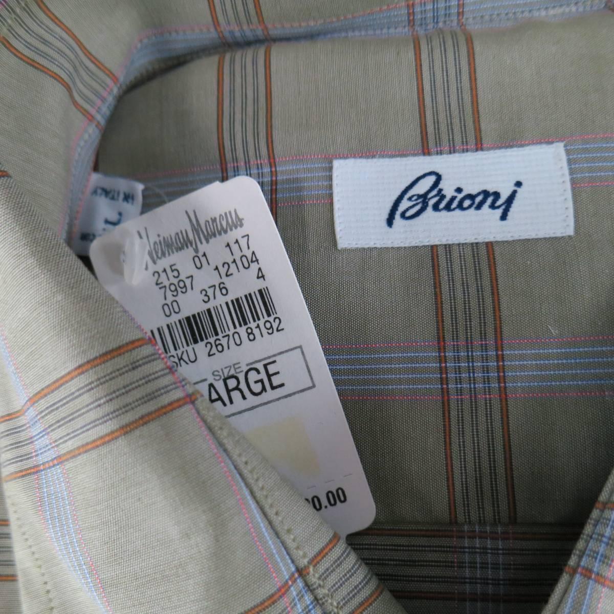 Men's New BRIONI Size L Olive Green Plaid Cotton Long Sleeve Shirt 1
