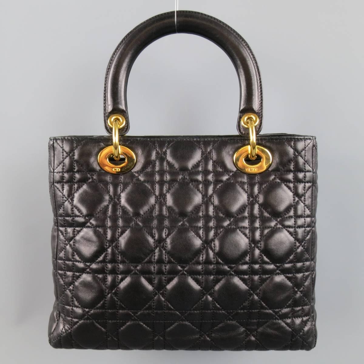 CHRISTIAN DIOR Black & Gold Cannage Quilted Leather Medium Lady Dior Bag 1