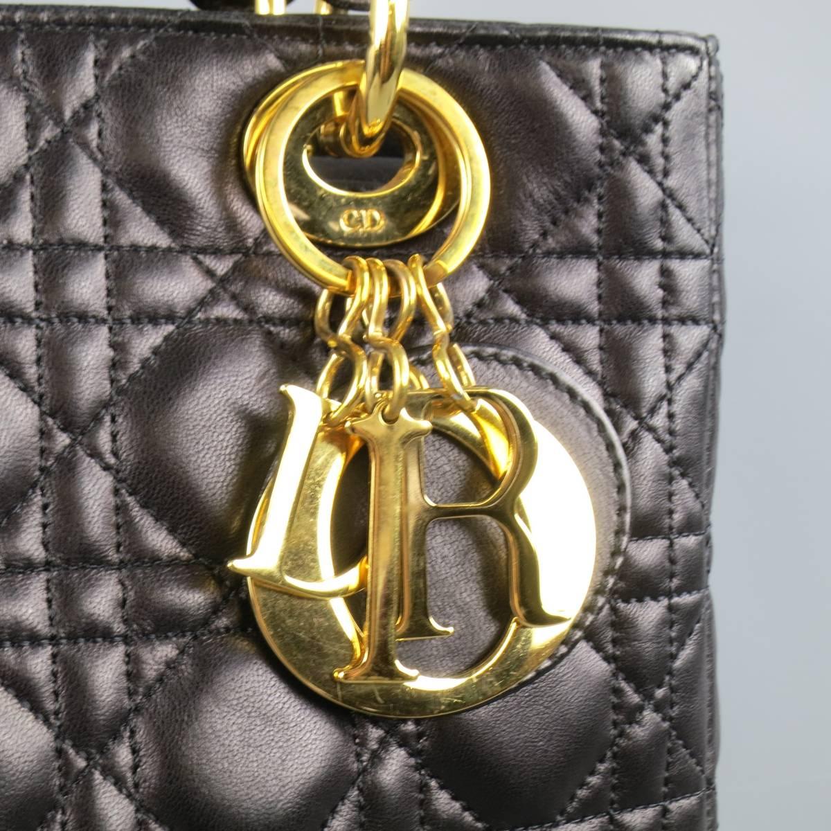 CHRISTIAN DIOR Black & Gold Cannage Quilted Leather Medium Lady Dior Bag In Excellent Condition In San Francisco, CA