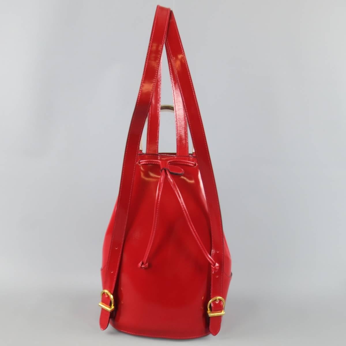 Women's or Men's Vintage SALVATORE FERRAGAMO Red Patent Leather Drawstring Bucket Backpack