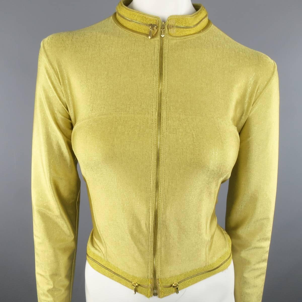 Vintage CHANEL Size 10 Metallic Gold Lame Band Collar Zip Moto Jacket In Excellent Condition In San Francisco, CA
