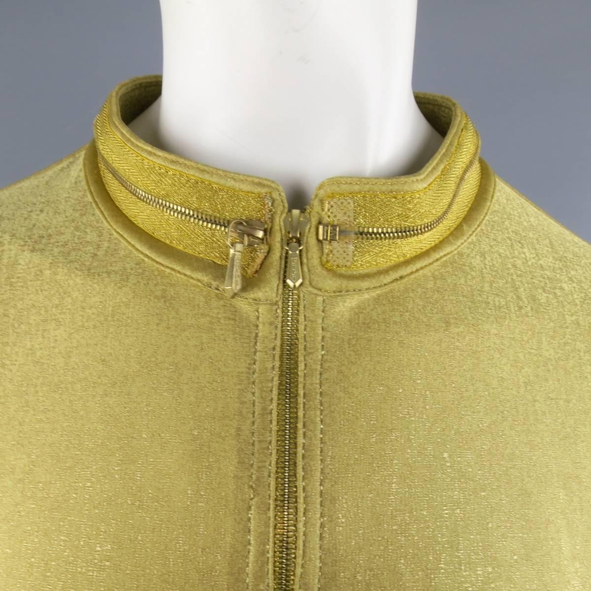 Women's Vintage CHANEL Size 10 Metallic Gold Lame Band Collar Zip Moto Jacket