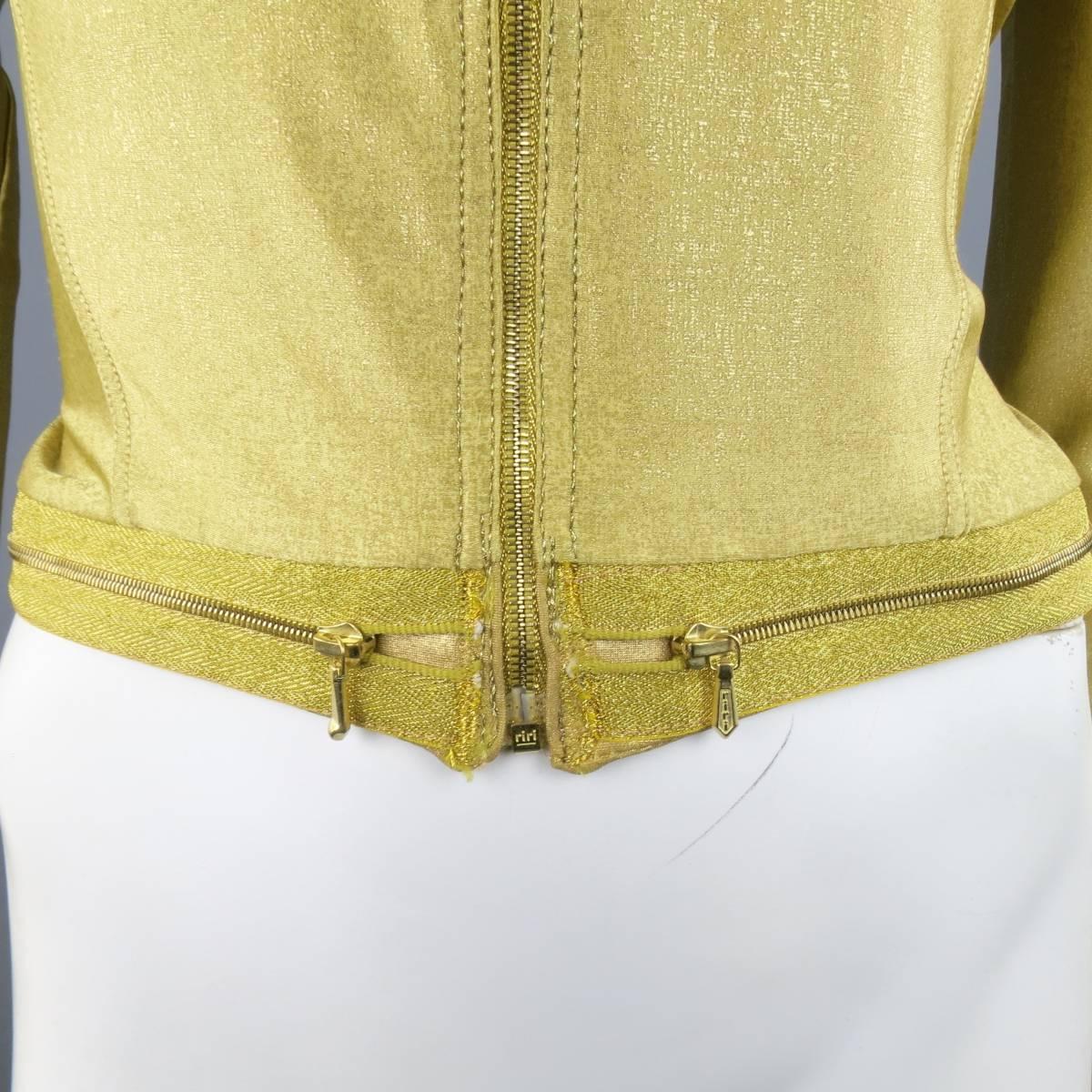 Vintage CHANEL Size 10 Metallic Gold Lame Band Collar Zip Moto Jacket 2