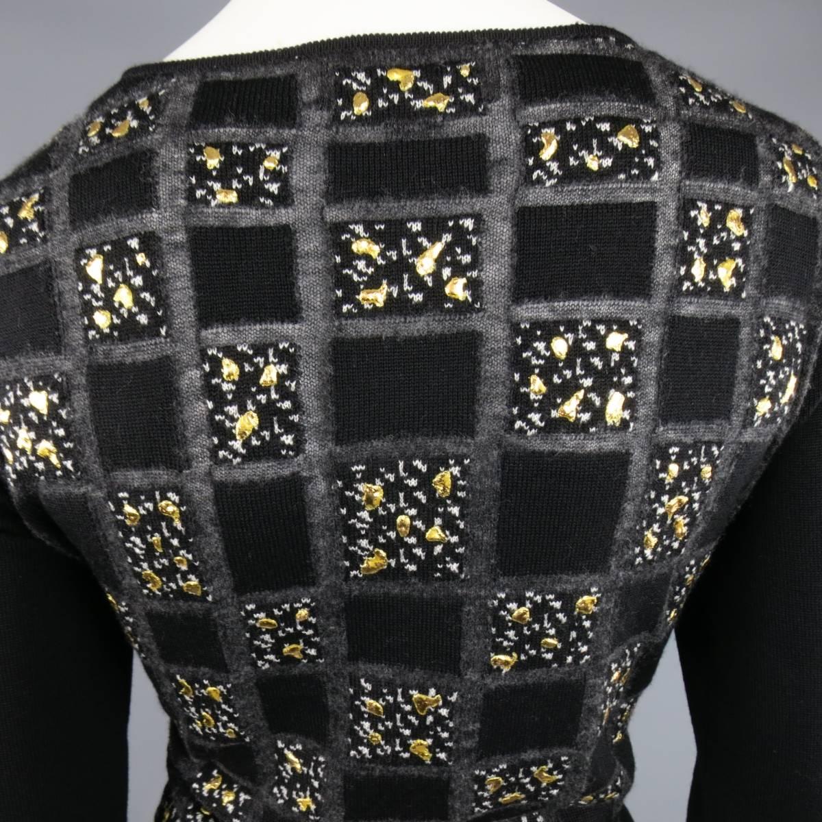 Giambattista Valli Black Charcoal Gold Splatter Geometric Wool Cardigan 2