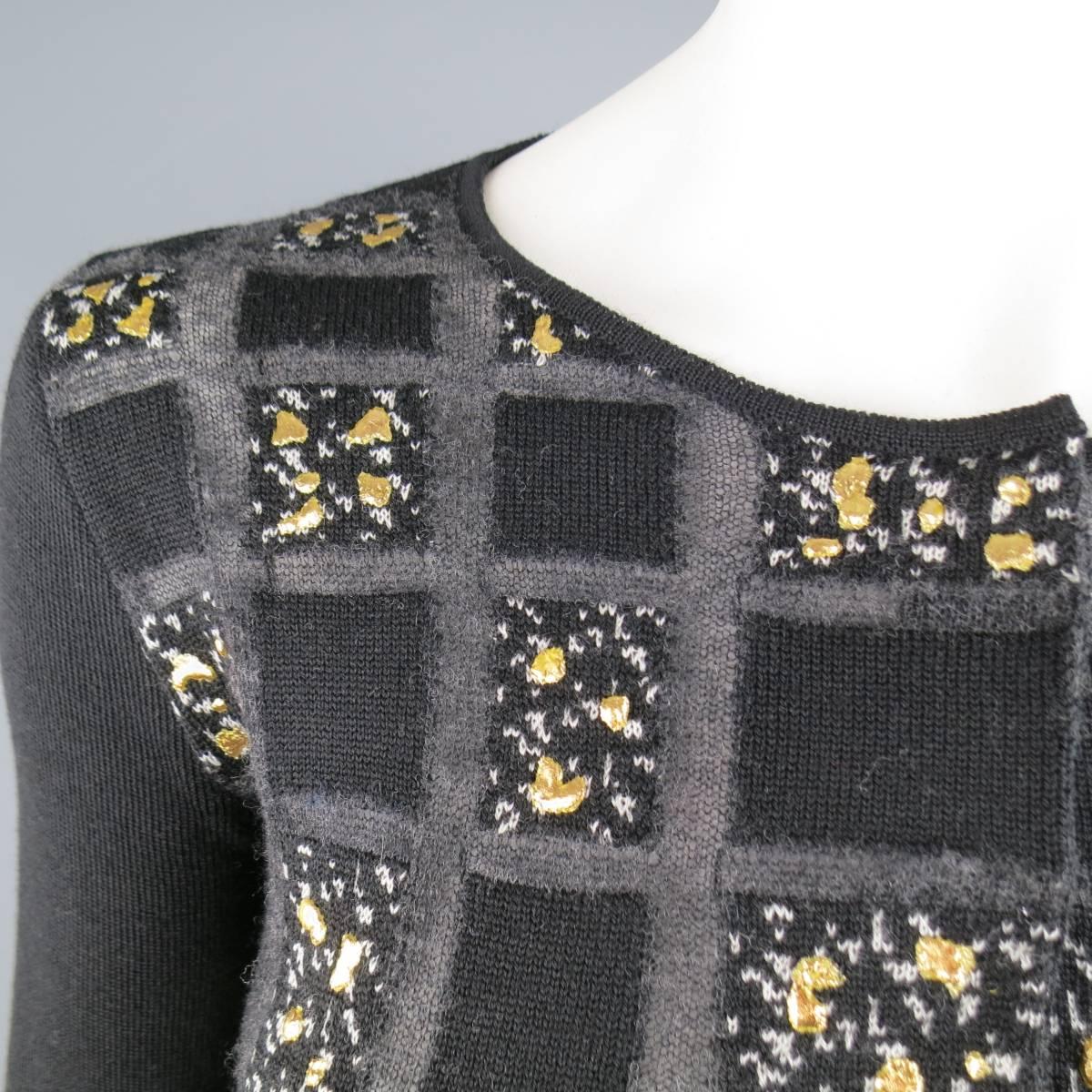 Giambattista Valli Black Charcoal Gold Splatter Geometric Wool Cardigan In Excellent Condition In San Francisco, CA