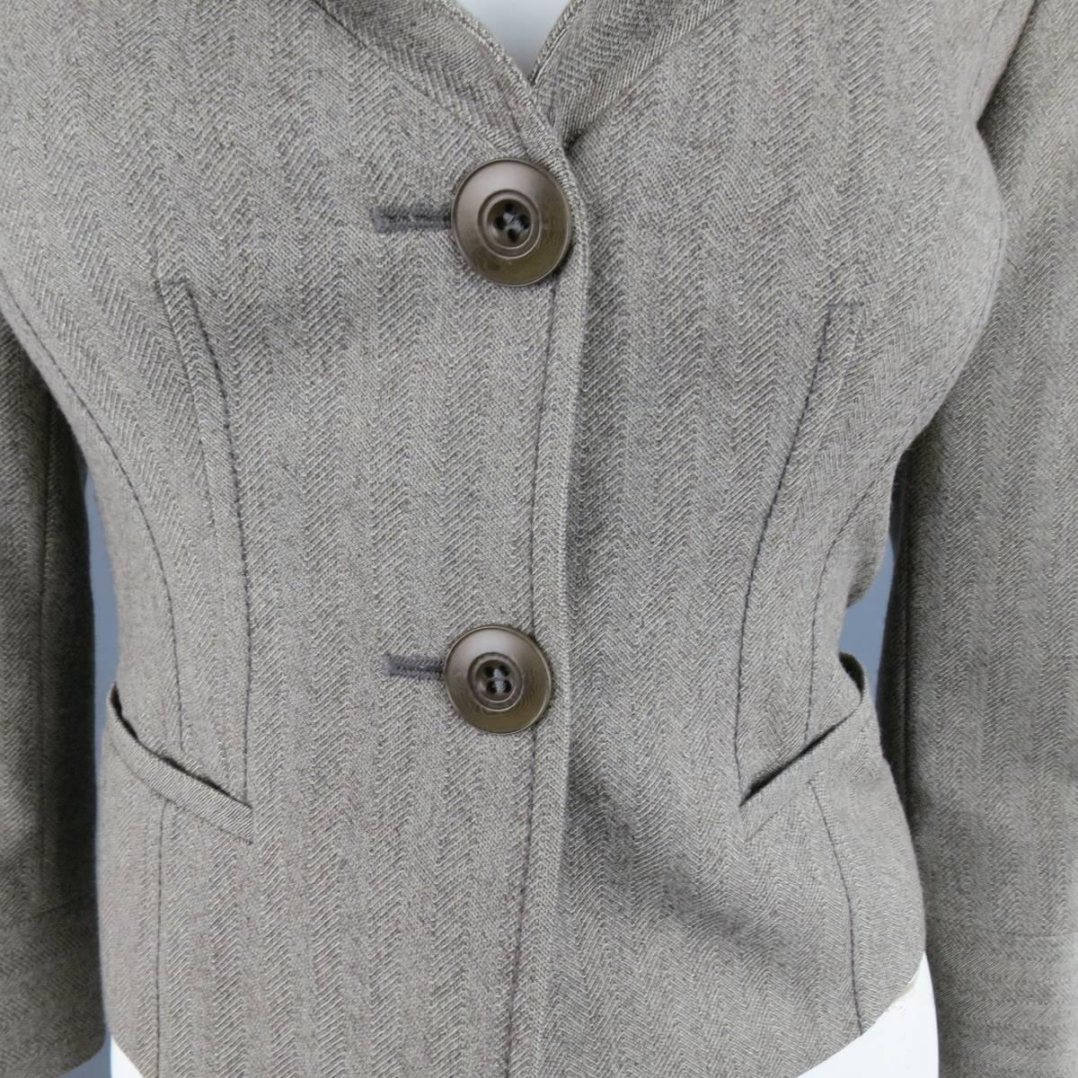VALENTINO Jacket - Size 4 Gray & Taupe Herringbone Cropped Blazer In Excellent Condition In San Francisco, CA