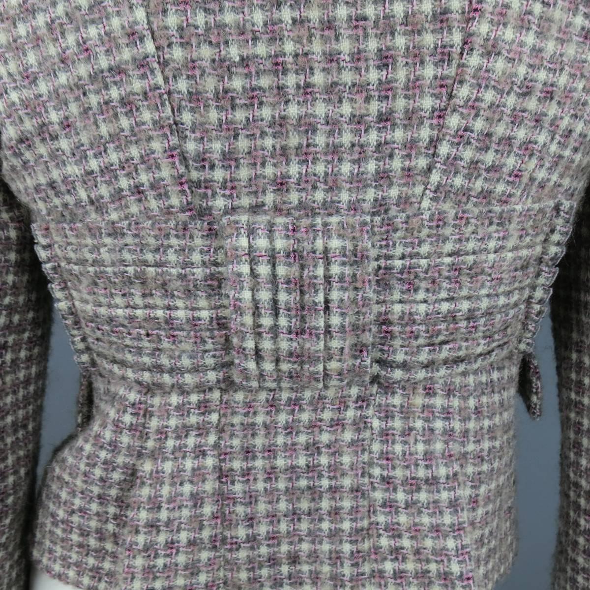 RED VALENTINO Jacket 2 Gray & Pink Plaid Wool Tweed Cropped Peak Lapel Blazer In Excellent Condition In San Francisco, CA