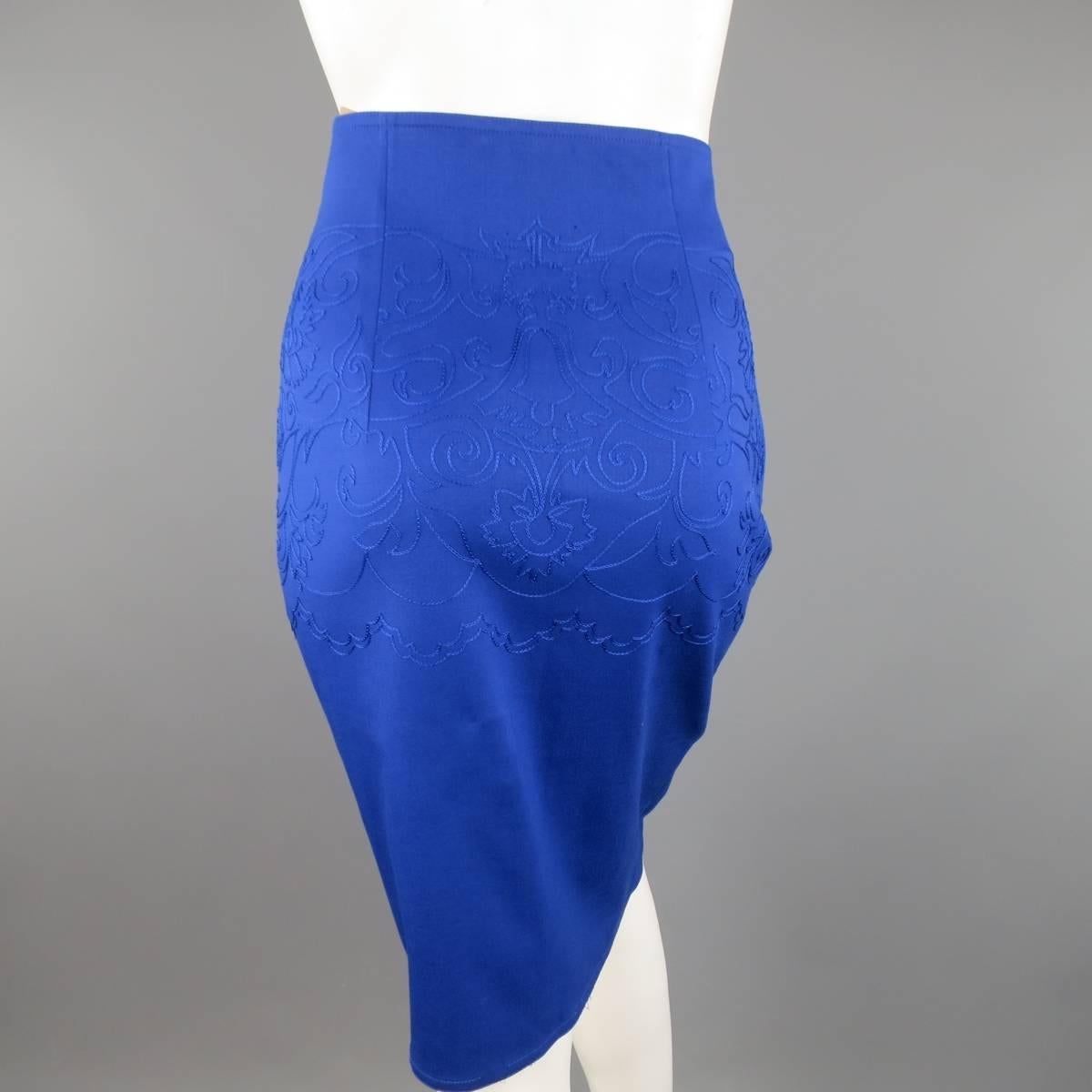 Women's Vintage GIANNI VERSACE Size 4 Blue Embroidered Wool Pencil Skirt