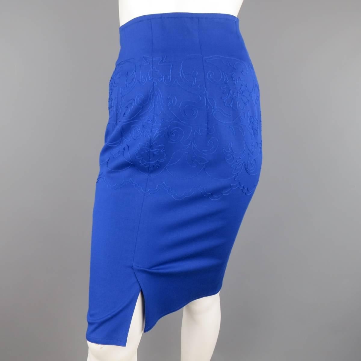 Vintage GIANNI VERSACE Size 4 Blue Embroidered Wool Pencil Skirt In Excellent Condition In San Francisco, CA