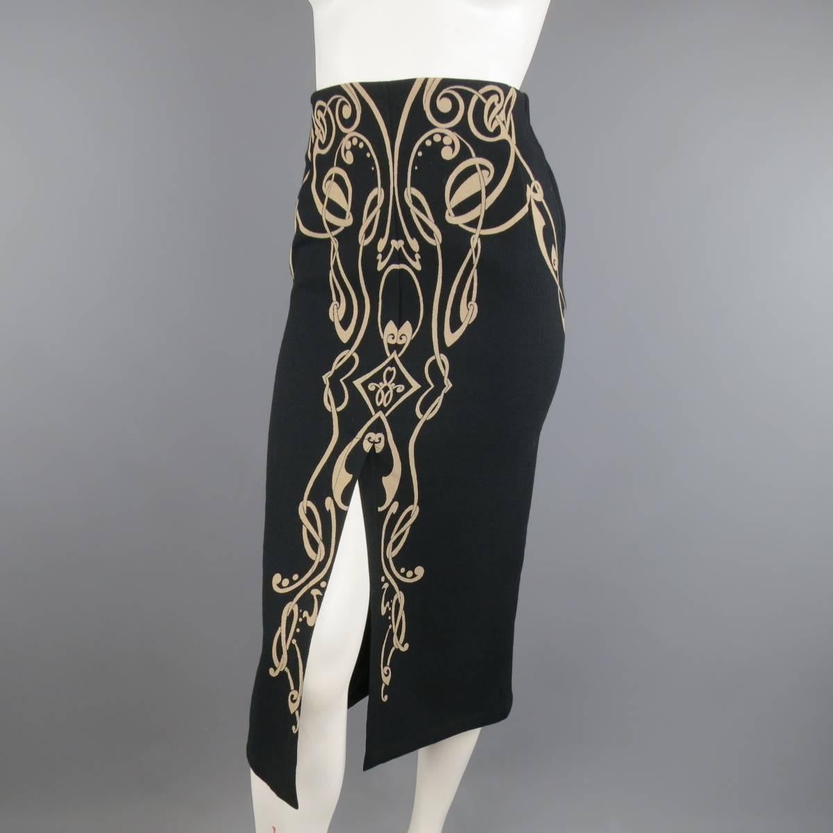 Vintage 1980's GIANNI VERSACE pencil skirt in a black wool crepe featuring a high rise, midi length, front slit, and beige , symmetrical art deco pattern on front. Made in Italy.
 
Excellent Pre-Owned Condition.
Marked: IT 42
 
Measurements:
