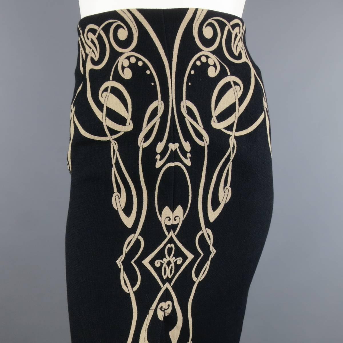 Vintage GIANNI VERSACE Size 6 Black & Beige ARt Deco Print Wool Pencil Skirt In Excellent Condition In San Francisco, CA
