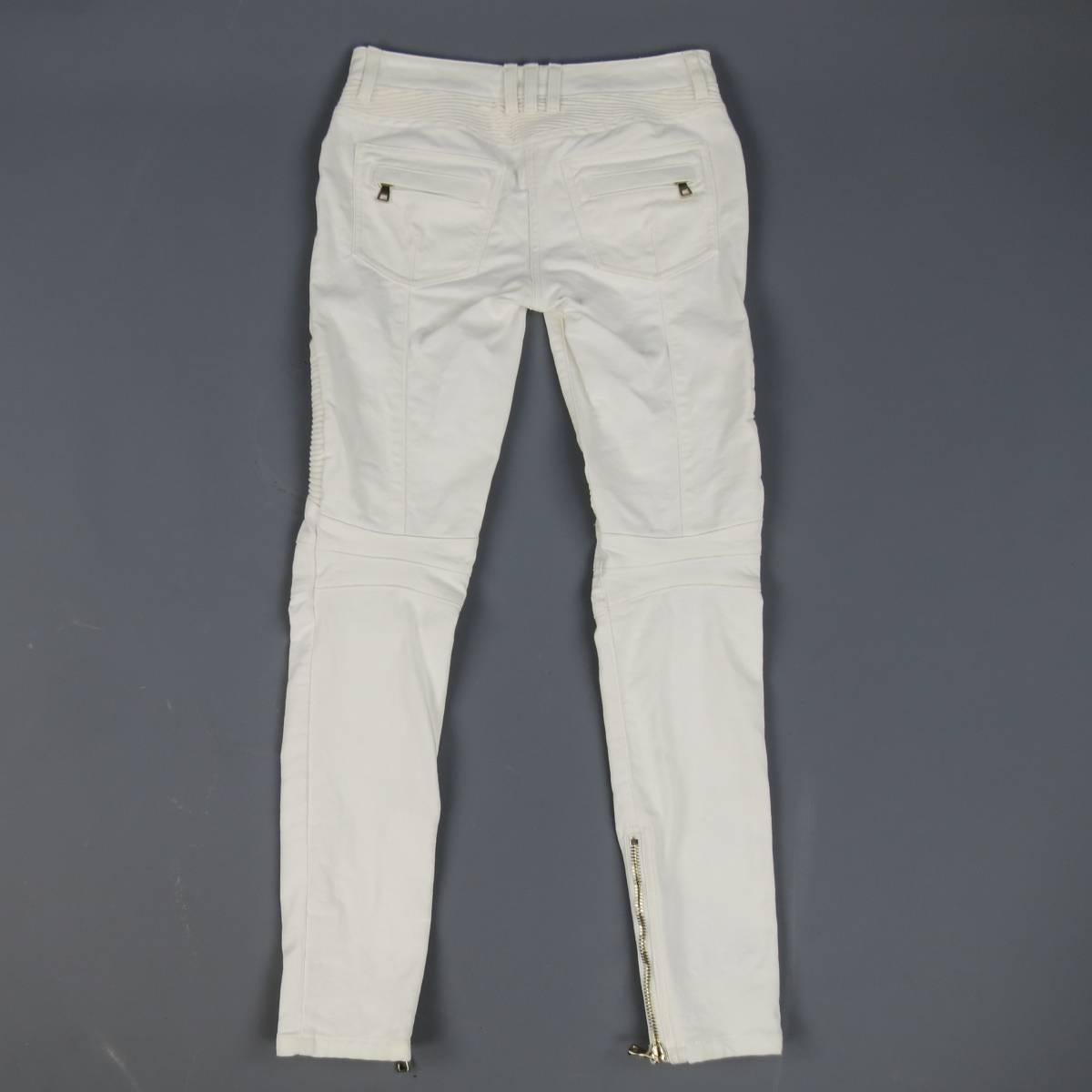 BALMAIN Jeans Size 4 White Cotton Gold Zip Moto In Excellent Condition In San Francisco, CA