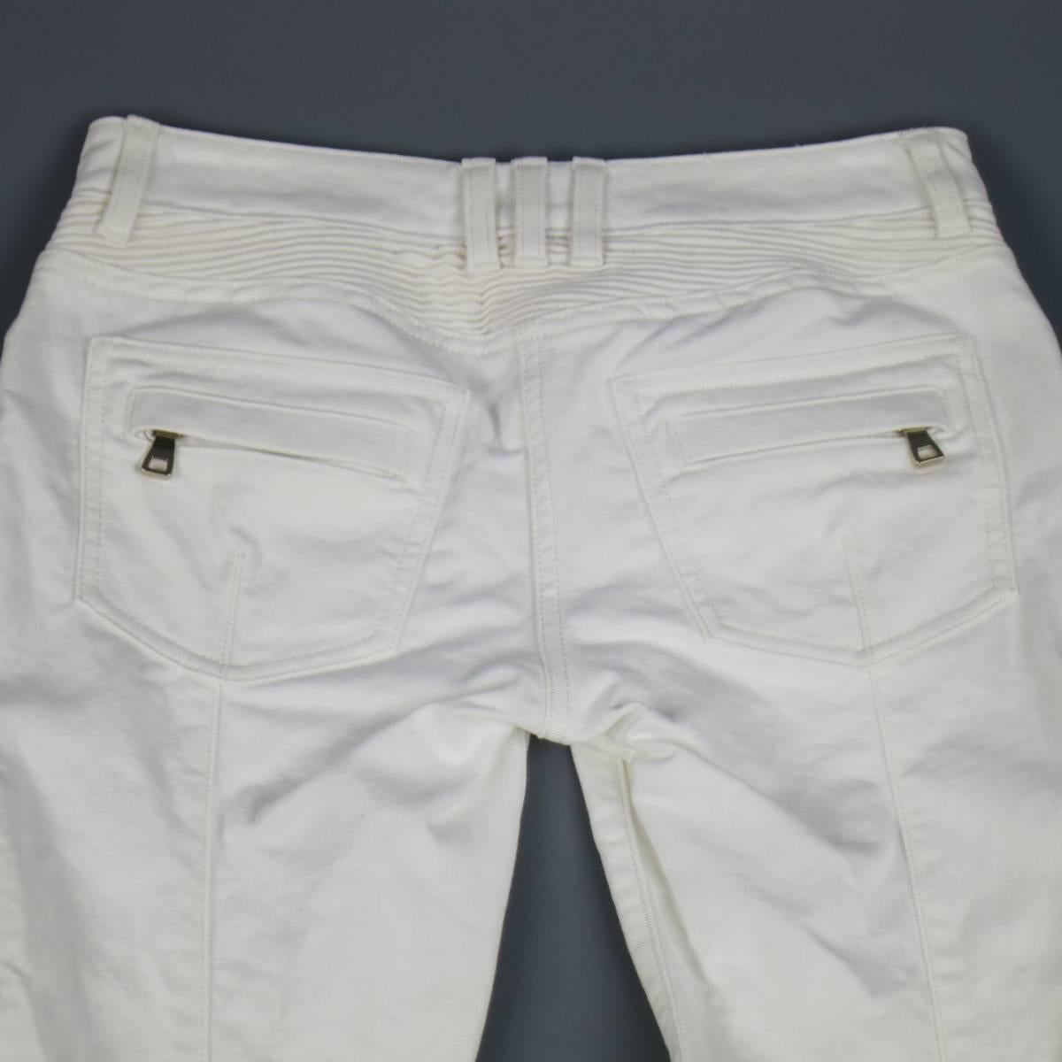 Gray BALMAIN Jeans Size 4 White Cotton Gold Zip Moto