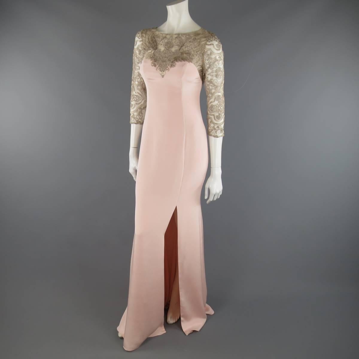 MARCHESA NOTTE Size 4 Rose Pink Silk Metallic Lace Top Evening Gown In New Condition In San Francisco, CA