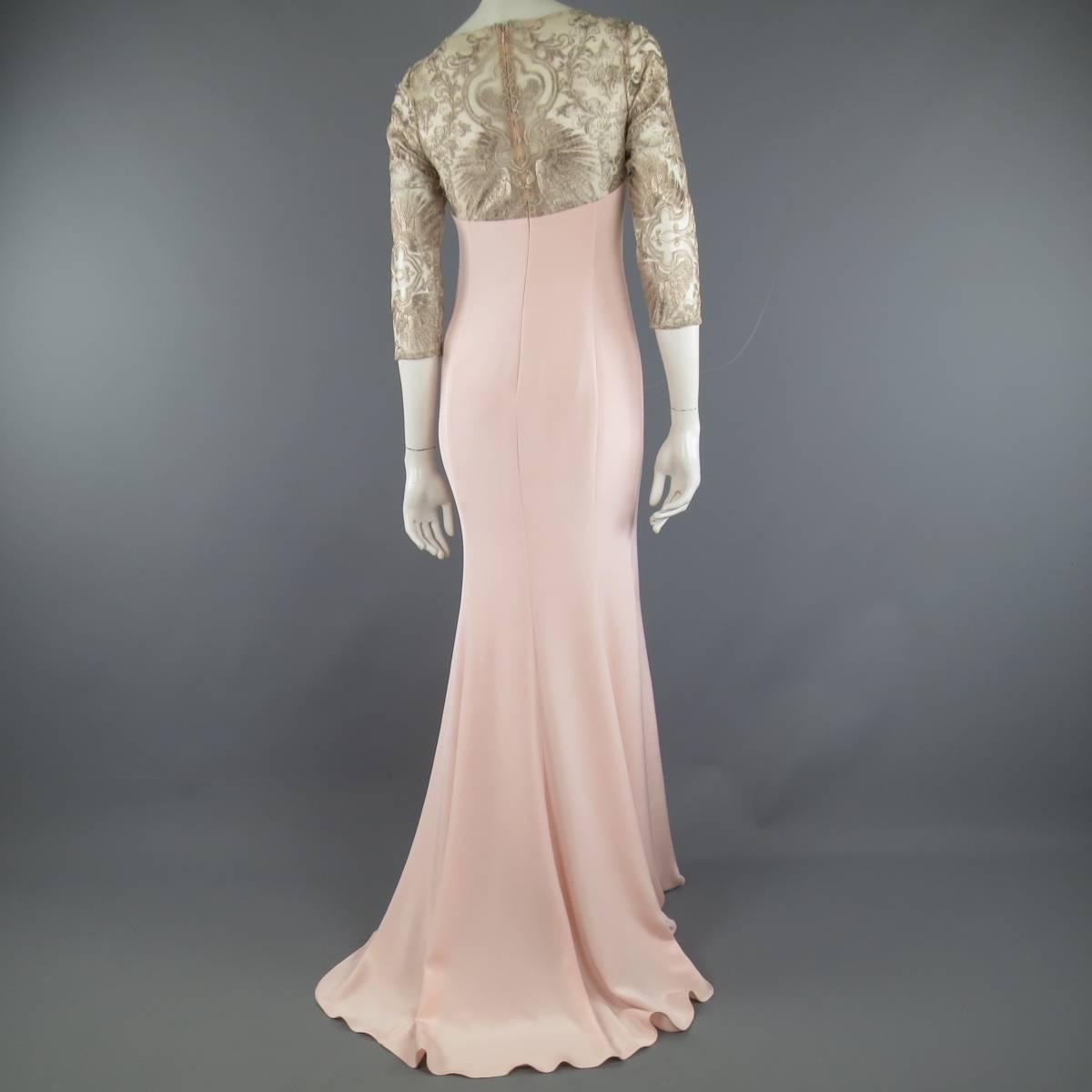 MARCHESA NOTTE Size 4 Rose Pink Silk Metallic Lace Top Evening Gown 1