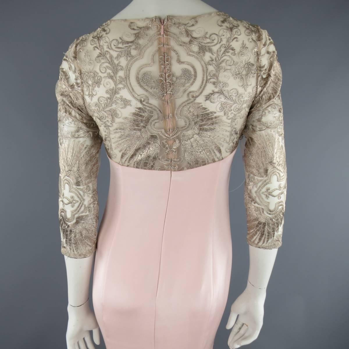 Women's MARCHESA NOTTE Size 4 Rose Pink Silk Metallic Lace Top Evening Gown