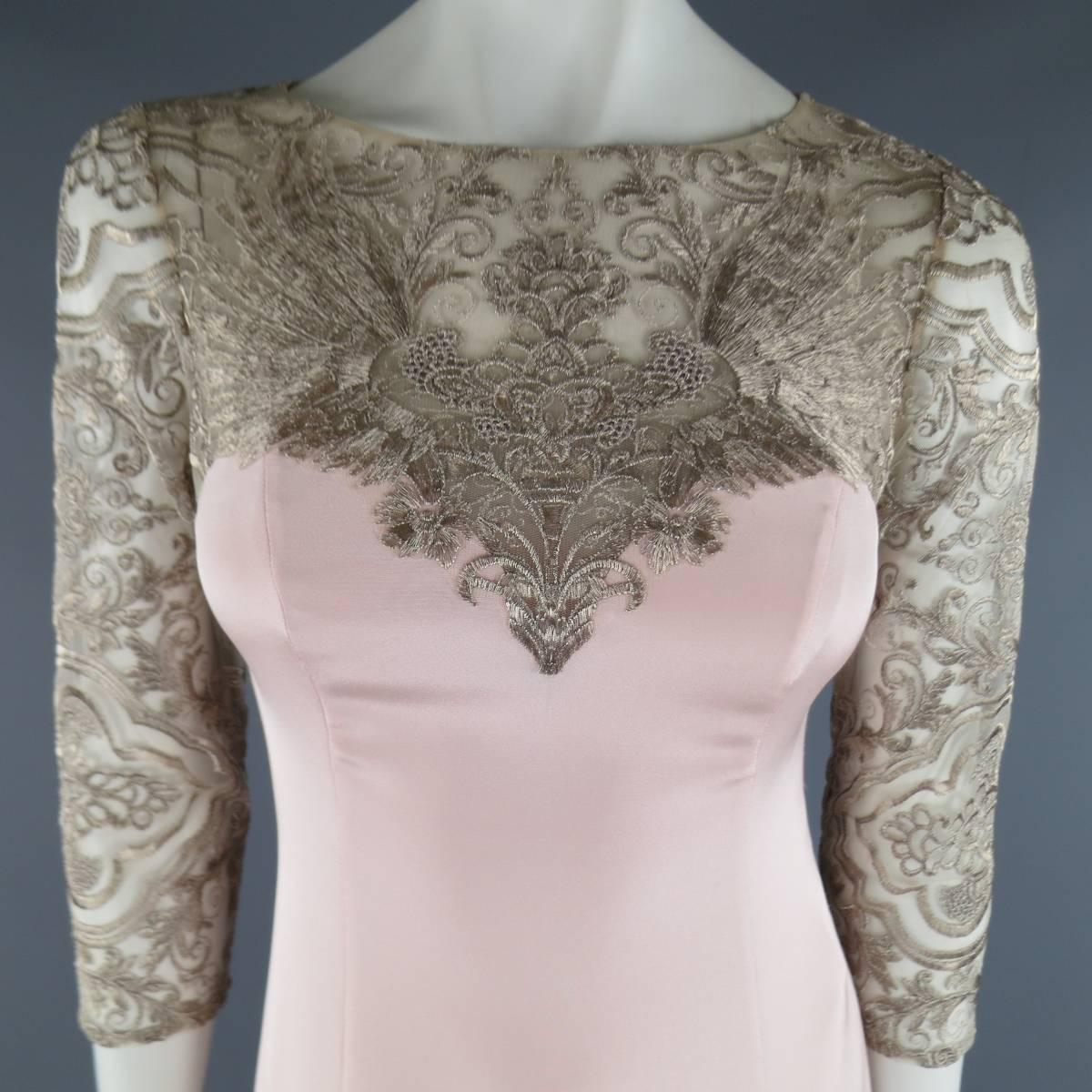 MARCHESA NOTTE evening gown in a lovely rose pink stretch silk featuring a metallic rose gold embroidered lace top with crew neck, three quarter sleeves, sweetheart neckline, fitted body, and long skirt with slit.
 
New with Tags. Retails at