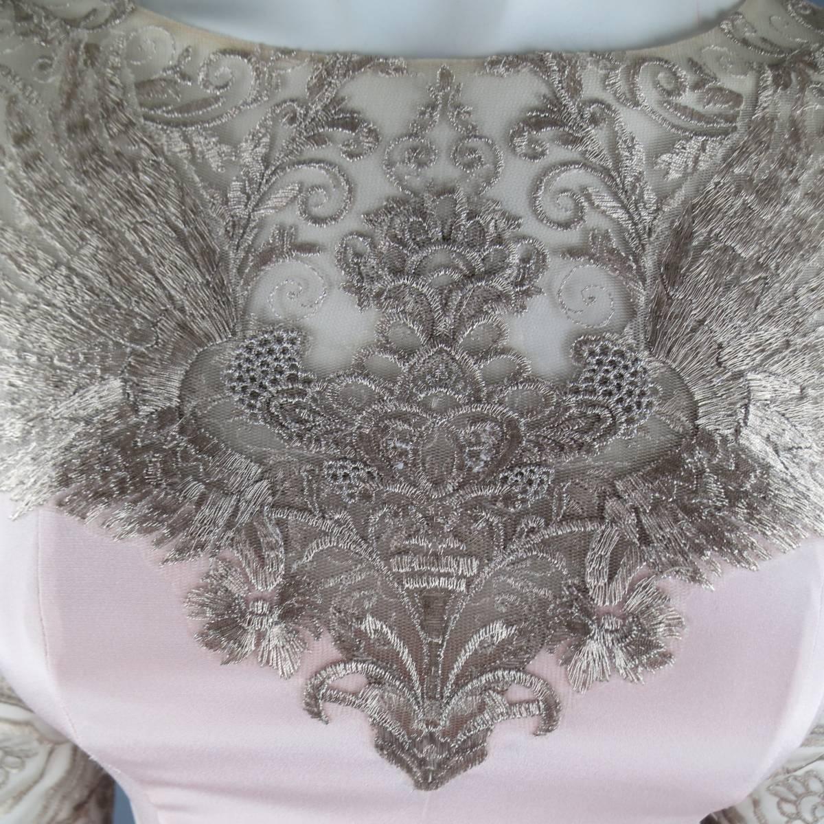 Beige MARCHESA NOTTE Size 4 Rose Pink Silk Metallic Lace Top Evening Gown