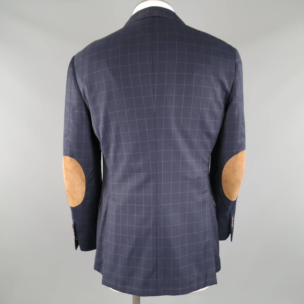Men's Mens BRUNELLO CUCINELLI 38 Windowpane Navy Wool Beige Suede Elbow Pad Sport Coat