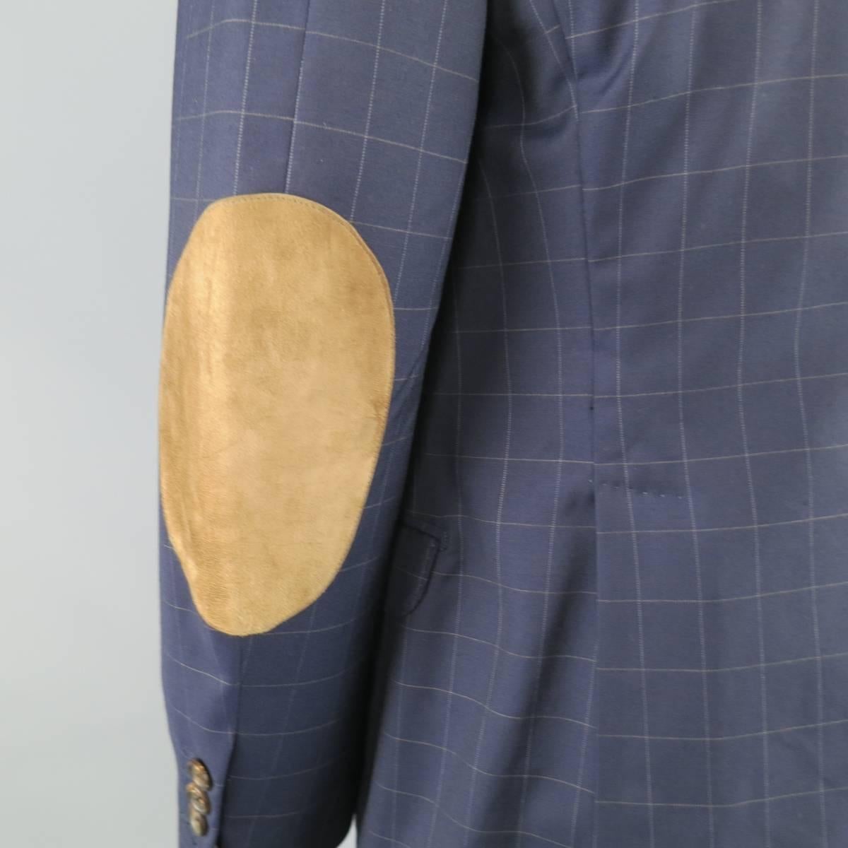 Mens BRUNELLO CUCINELLI 38 Windowpane Navy Wool Beige Suede Elbow Pad Sport Coat 1