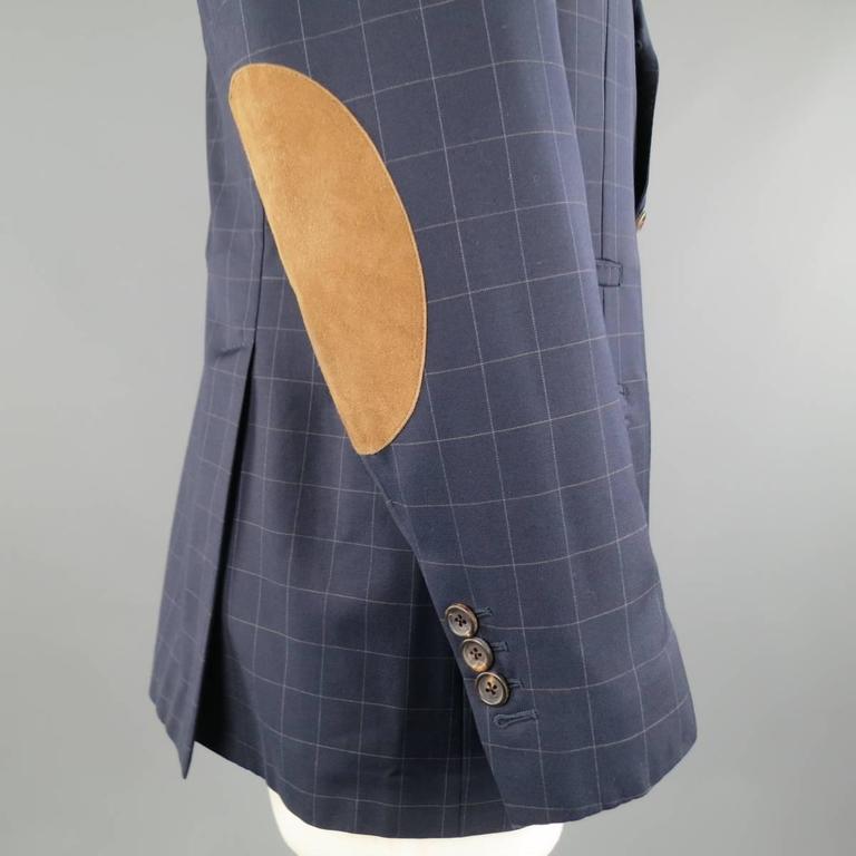 Mens BRUNELLO CUCINELLI 38 Windowpane Navy Wool Beige Suede Elbow Pad