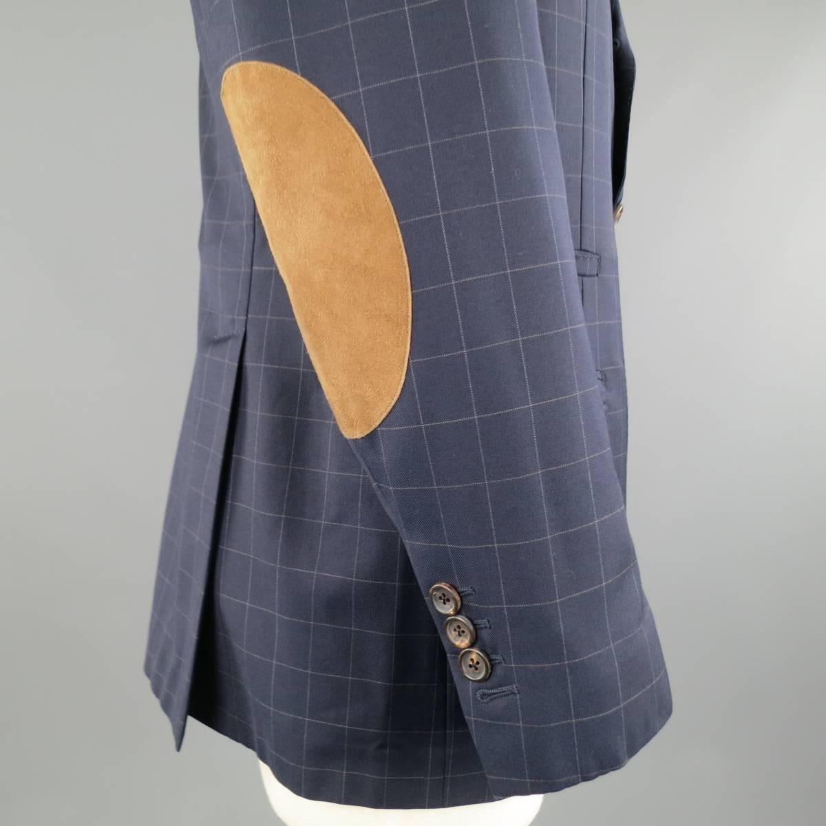 Mens BRUNELLO CUCINELLI 38 Windowpane Navy Wool Beige Suede Elbow Pad Sport Coat In Excellent Condition In San Francisco, CA