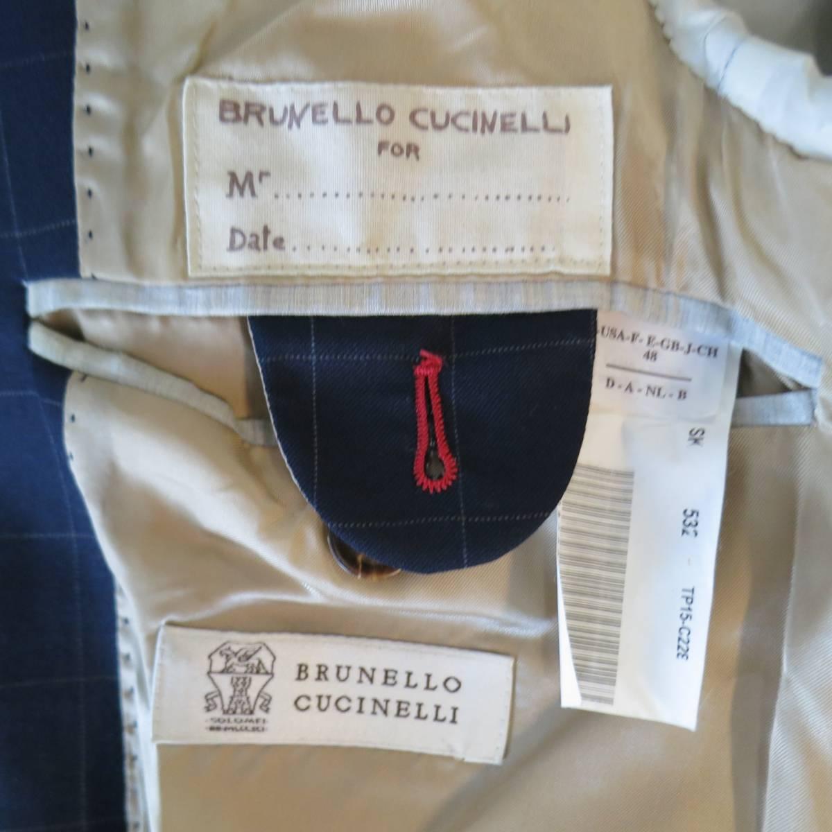 Mens BRUNELLO CUCINELLI 38 Windowpane Navy Wool Beige Suede Elbow Pad Sport Coat 2