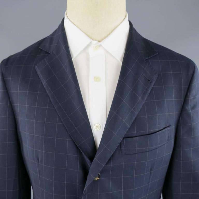 Mens BRUNELLO CUCINELLI 38 Windowpane Navy Wool Beige Suede Elbow Pad