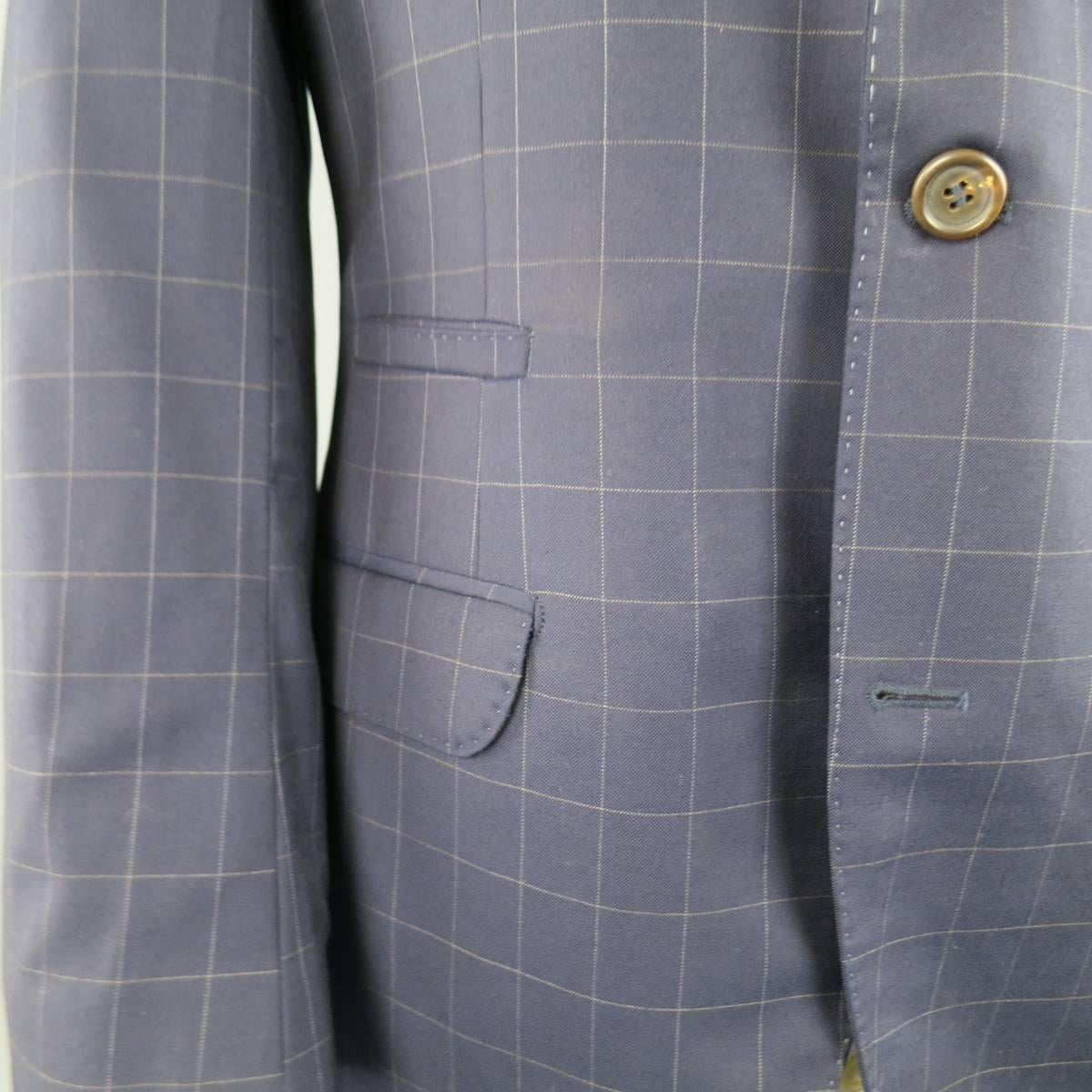 Black Mens BRUNELLO CUCINELLI 38 Windowpane Navy Wool Beige Suede Elbow Pad Sport Coat
