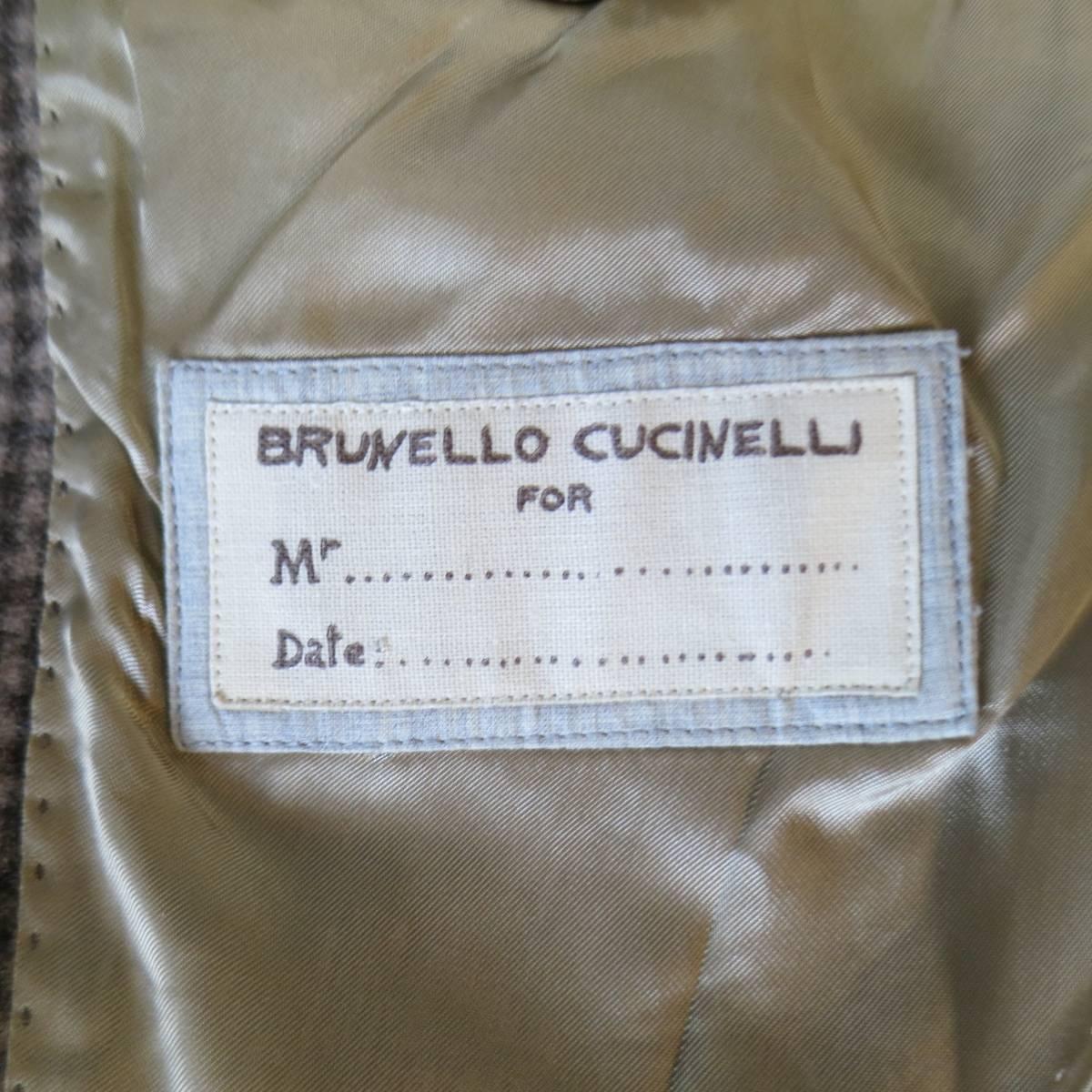 Men's BRUNELLO CUCINELLI 38 Short Tan & Brown Checkered Plaid Wool Sport Coat 1