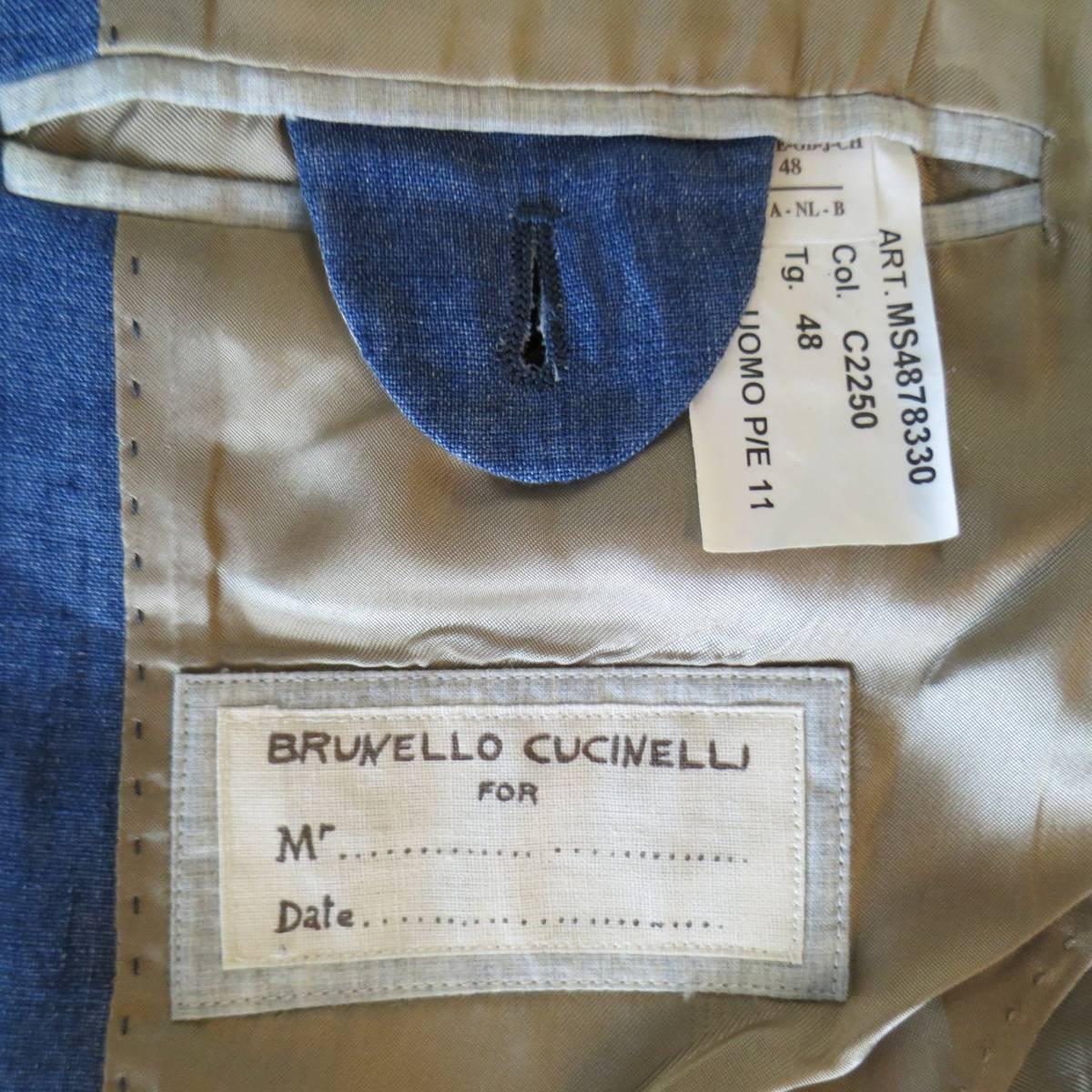 Gray Men's BRUNELLO CUCINELLI 38 Regular Blue Linen Peak Lapel Sport Coat