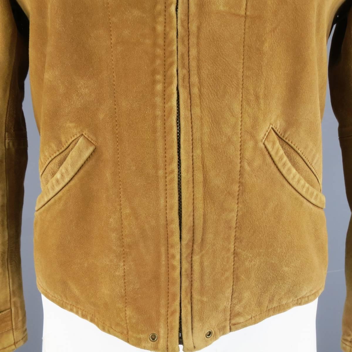 Brown Men's LEVI'S VINTAGE 38 Tan Distressed Sueded Leather Collared Bomber Jacket