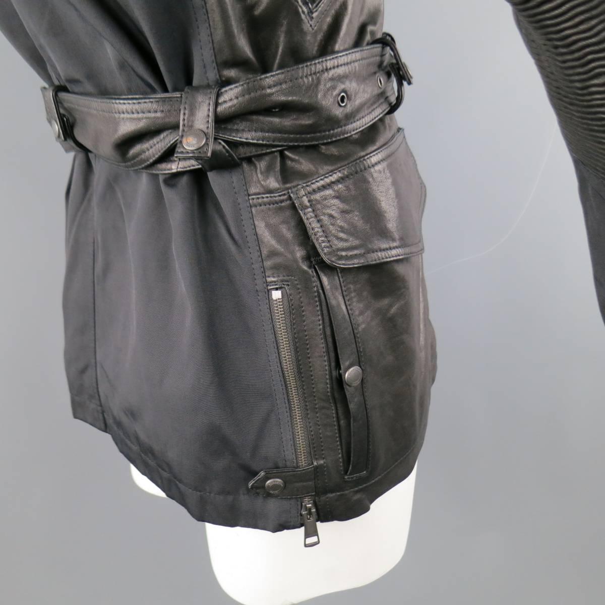 Men's BURBERRY BRIT Jacket 40 Black Nylon & Leather Biker Style Trench Coat In Excellent Condition In San Francisco, CA