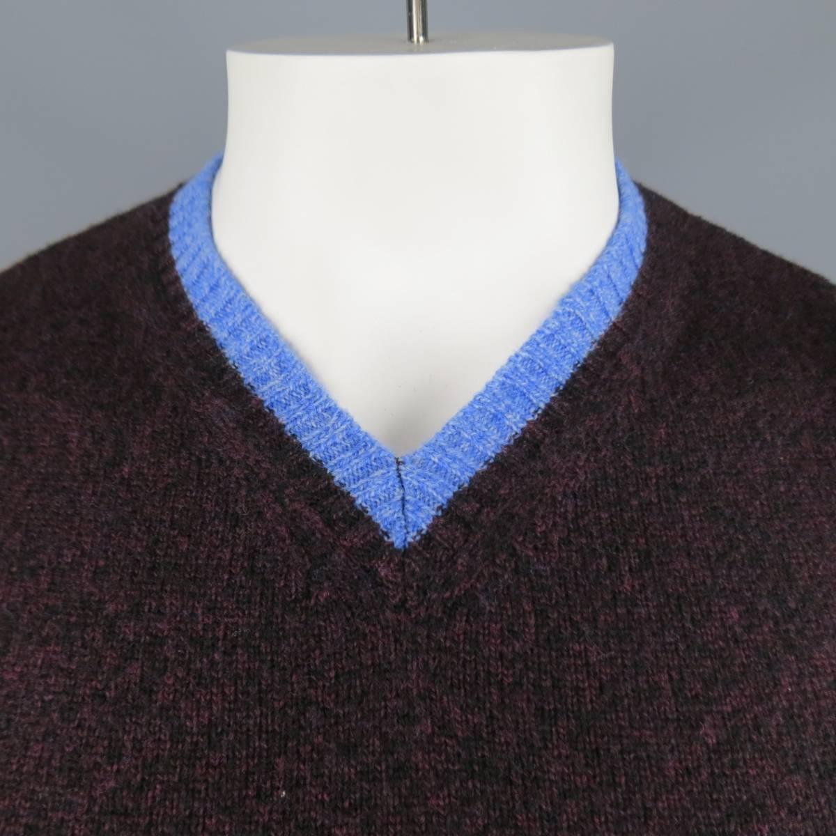 Black Men's ETRO Size M Plum & Blue Heather Merino Wool V Neck Sweater Vest