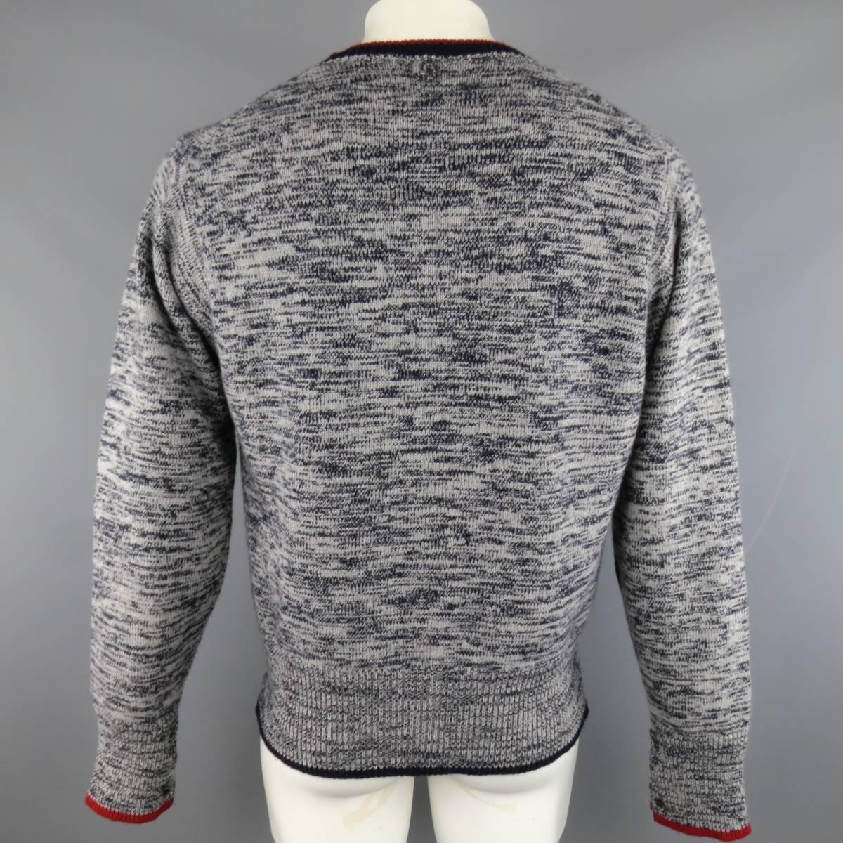 Gray BLACK FLEECE Sweater -  L Grey & Navy Heather Cashmere Red Striped Trim V Neck