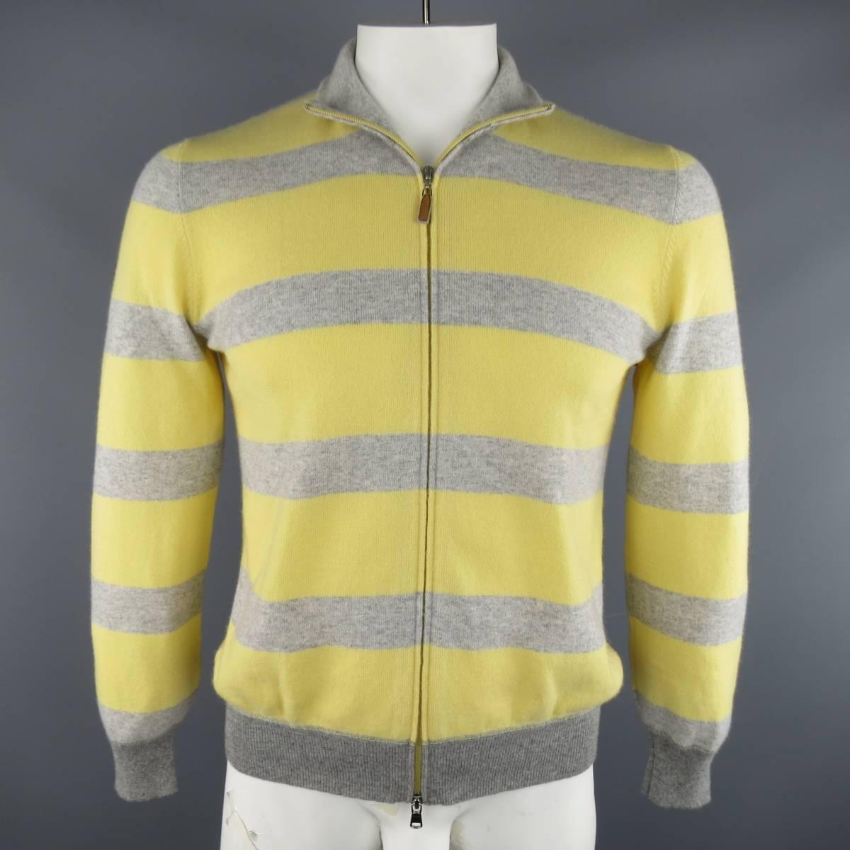 Gray Men's BRUNELLO CUCINELLI Size M Grey & Yellow Stripe Cashmere Zip Cardigan
