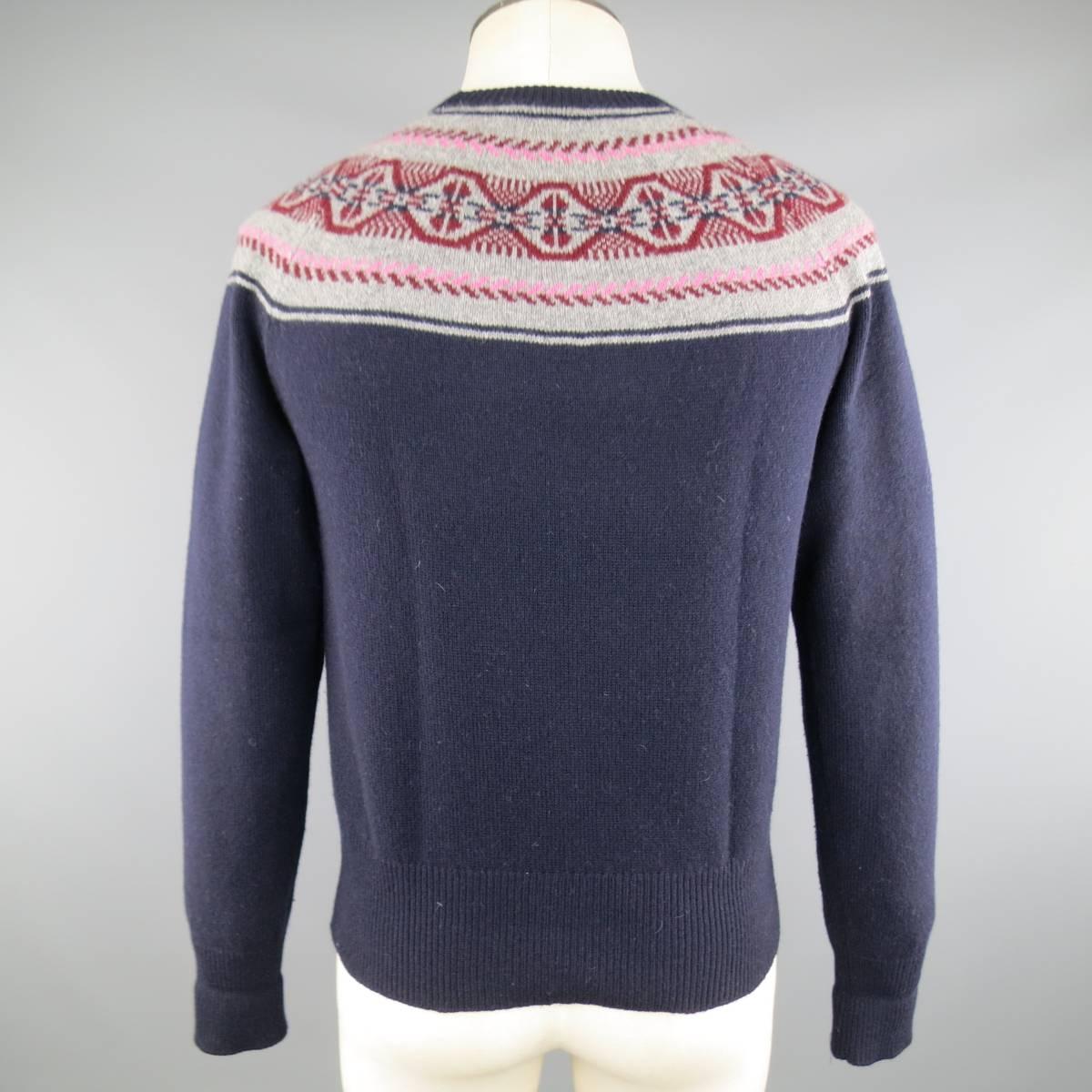 MICHAEL BASTIAN Size S Navy Pink Red & Grey Fairisle Wool Blend Crewneck Sweater In Excellent Condition In San Francisco, CA