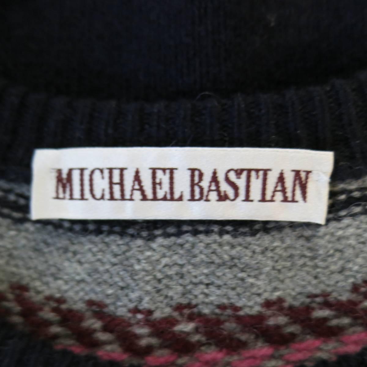 Men's MICHAEL BASTIAN Size S Navy Pink Red & Grey Fairisle Wool Blend Crewneck Sweater