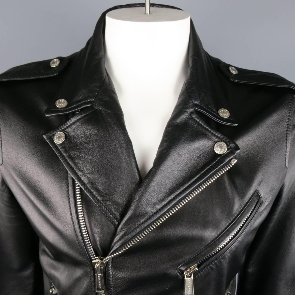 Classic DSQUARED2 motorcycle jacket in an ultra soft black lambskin leather and featured pointed lapels with silver tone logo engraved snaps, asymmetrical, oversized double zip closure, triple zip pockets with engraved logo tabs, snap pocket,