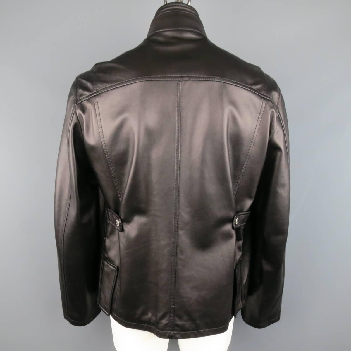 Men's DOLCE & GABBANA 44 Black High Collar Hidden Placket Leather Jacket 2