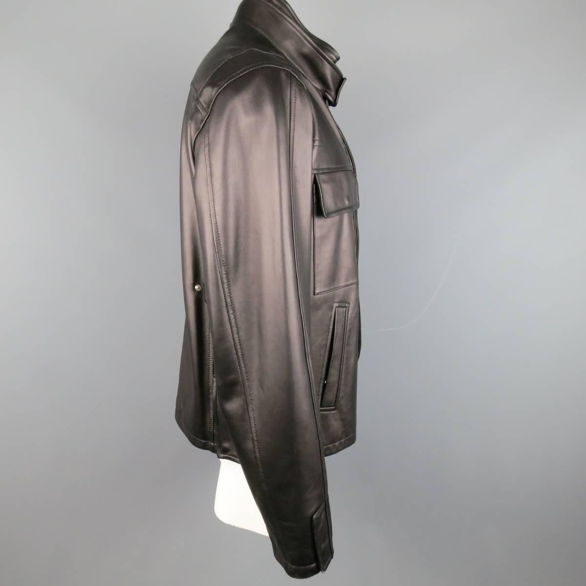 Men's DOLCE & GABBANA 44 Black High Collar Hidden Placket Leather Jacket 1
