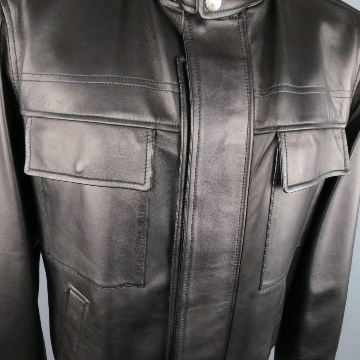 Men's DOLCE & GABBANA 44 Black High Collar Hidden Placket Leather Jacket In Excellent Condition In San Francisco, CA