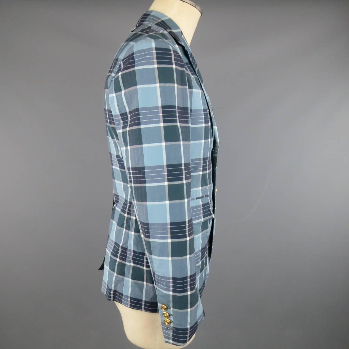 Men's THOM BROWNE Sport Coat 38 Teal Blue Plaid Gold Anchor Button Blazer In Good Condition In San Francisco, CA