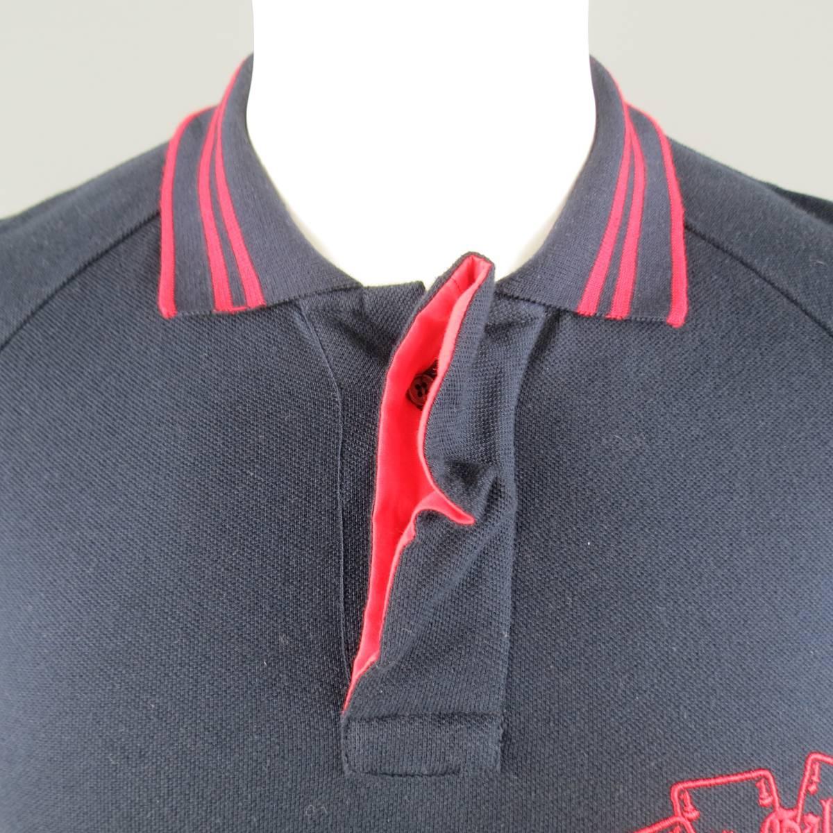 Black JOHN GALLIANO Size S Navy & Red Skull & Cards Logo Pique Ruffle Closure Polo