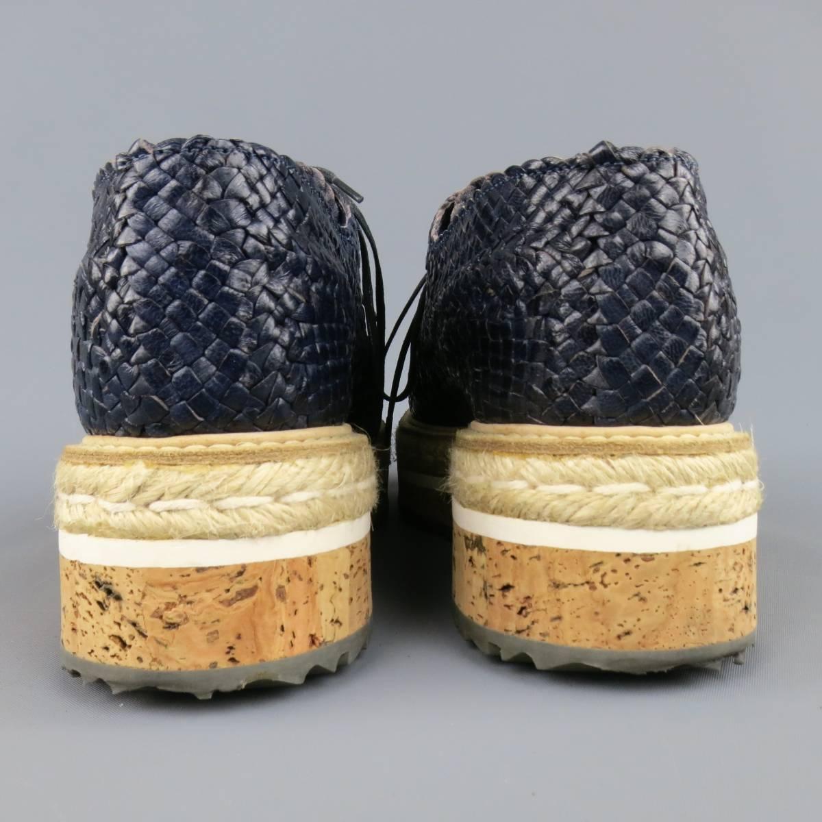 Prada Navy Woven Leather Cork Platform Dress Shoes In Good Condition In San Francisco, CA