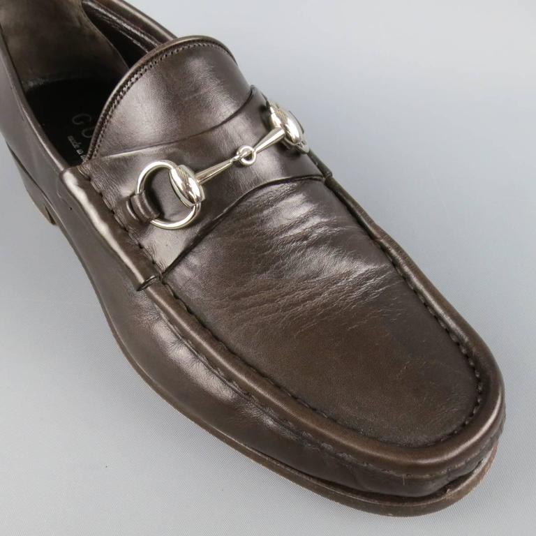 Men s GUCCI Size 9.5 Brown Solid Leather Silver Horsebit Loafers