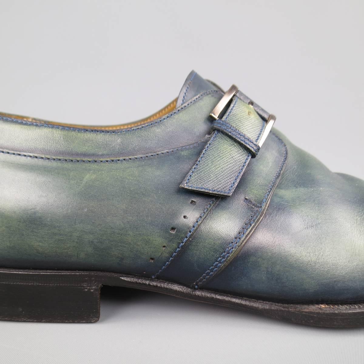 Men's STEFANOBI Size 11.5 Teal Grean Blue Dyed Monk Strap Loafers In Excellent Condition In San Francisco, CA