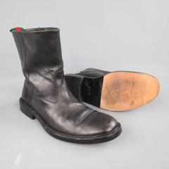 Men's GUCCI Size 11 Black Leather Striped Webbing Tab Biker Boots