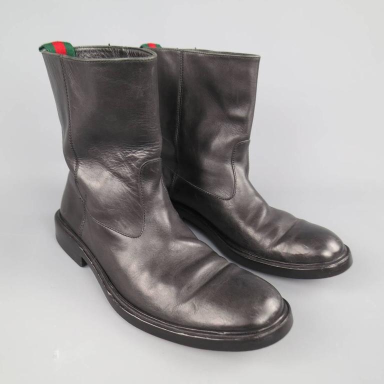 Men's GUCCI Size 11 Black Leather Striped bing Tab Biker Boots at