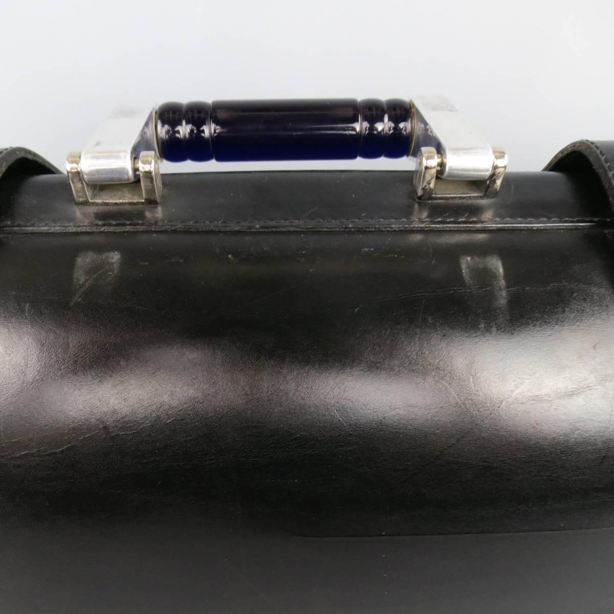 BILL AMBERG Black Leather Silver & Blue Metal Handle Doctor's Bag Briefcase In Fair Condition In San Francisco, CA